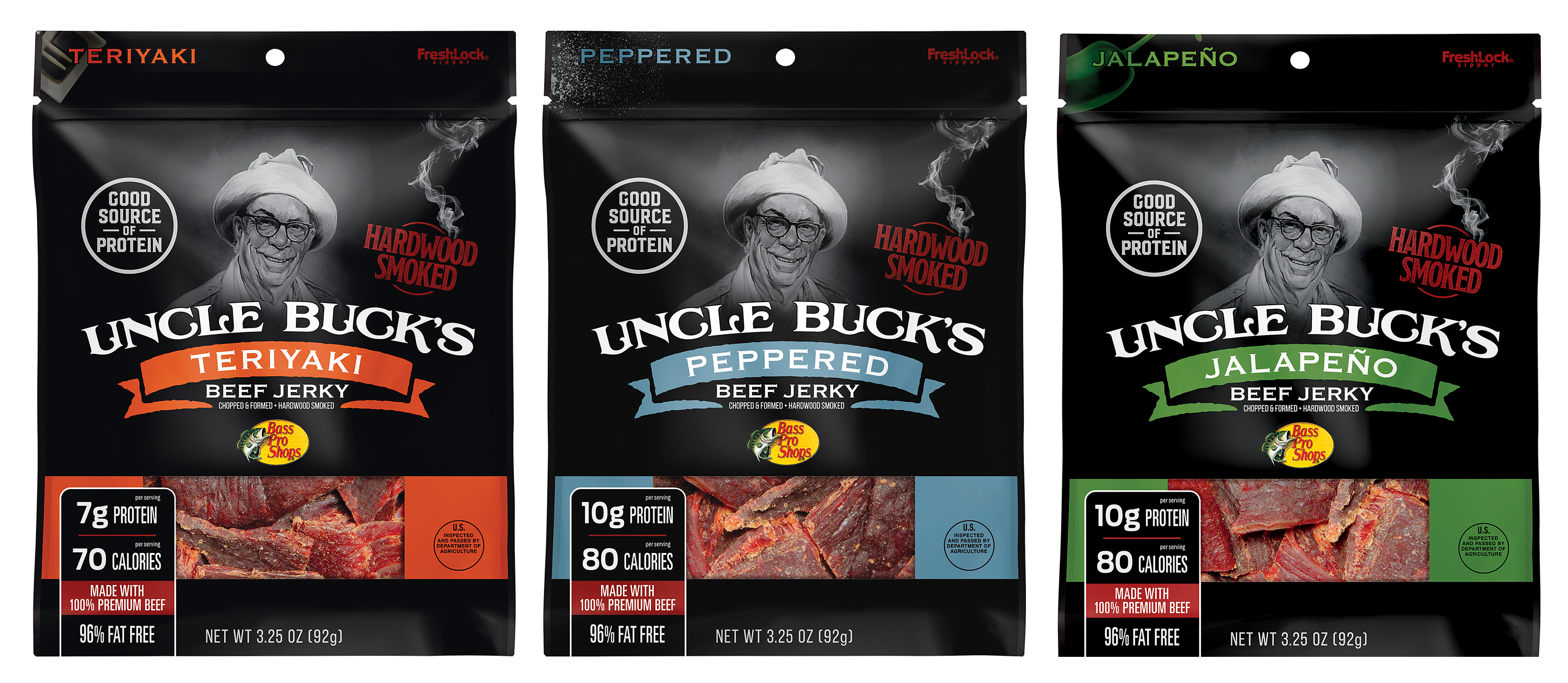 Bass Pro Shops Uncle Buck's Teriyaki, Peppered, and Jalapeno Beef Jerky